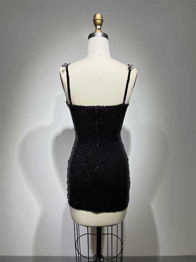 Vestido Corto Negro con Lentejuelas y Tirantes Transparentes - Image 10