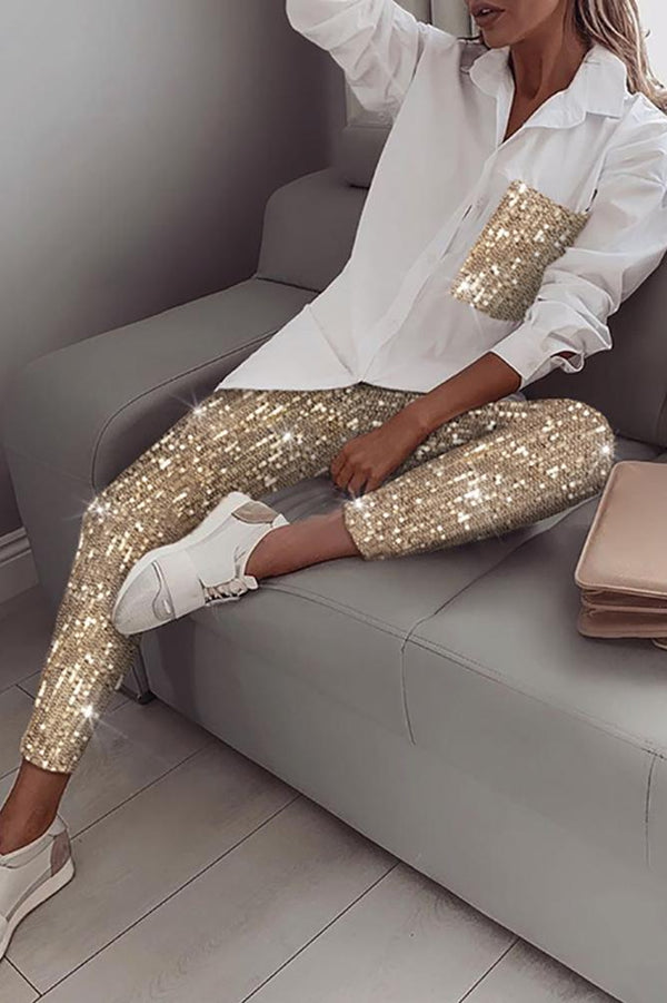 Conjunto de Dos Piezas con Lentejuelas y Tela Elástica para Mujer