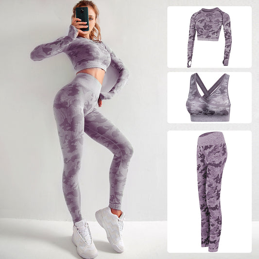 Conjunto de Yoga Camuflado de Tres Piezas
