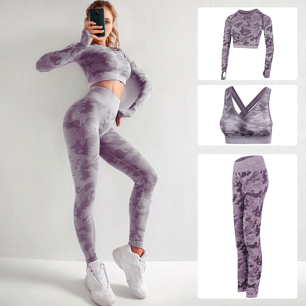 Conjunto de Yoga Camuflado de Tres Piezas
