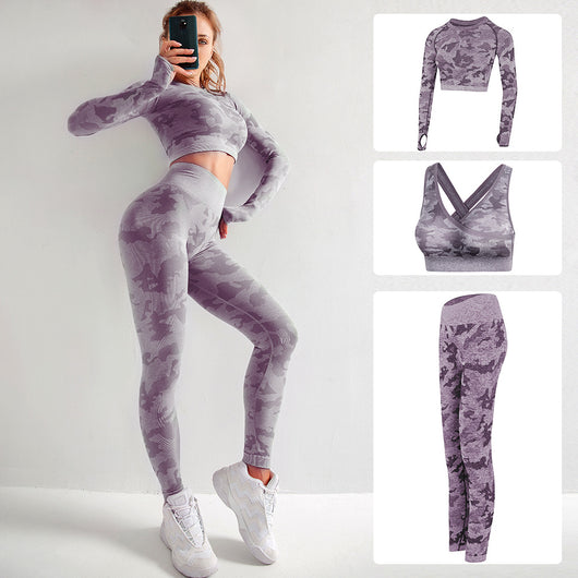 Conjunto de Yoga Camuflado de Tres Piezas