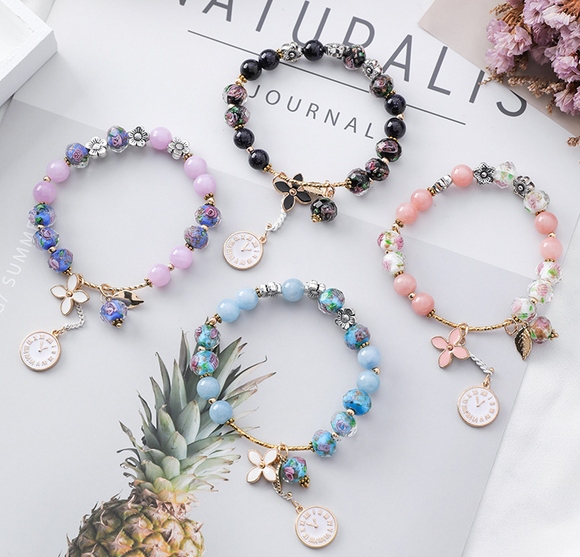 Pulsera Cristal Floral Retro - Diseño Étnico con Hoja y Reloj