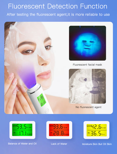 White rechargeable smart facial skin tester with green digital display, USB-C charging cable, and user manual. - Image 9
