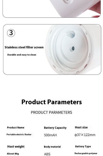 Portable electric bidet with translucent water bottle, white handheld spray unit, USB cable, and grey travel pouch. - Image 14