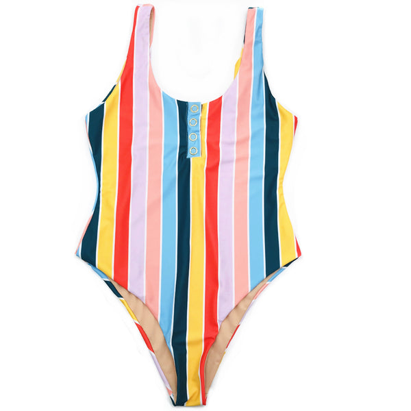 Traje de Baño Entero con Rayas y Botones Decorativos
