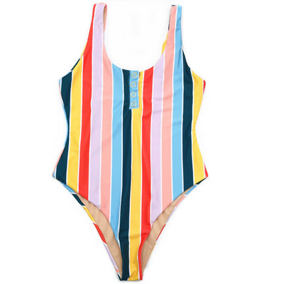 Colorful striped one-piece swimsuit with snap buttons, featuring pink, orange, yellow, green, and blue stripes. - Image 2