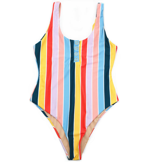 Colorful striped one-piece swimsuit with snap buttons, featuring pink, orange, yellow, green, and blue stripes. - Image 2