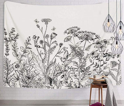White tapestry with a black and white botanical print of wildflowers and butterflies, perfect for home decor.