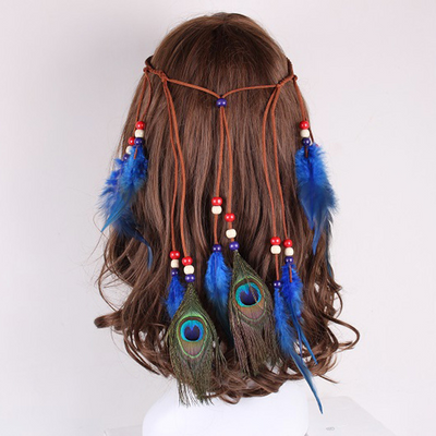 Adorno para cabello con cuerda de cuero y pluma de pavo real - Image 4