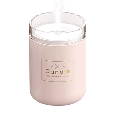 Light pink mini USB humidifier diffuser, shaped like a candle, with a clear top and visible mist output. - Image 9