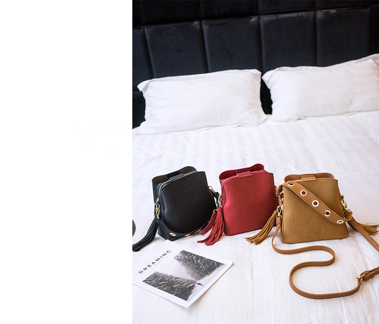 Bolsa Bucket Retro Coreana con Borlas Esmerilada - Bandolera Vintage para Mujer