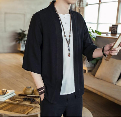Camisa Cardigan Hanfu de Algodón y Lino - Estilo Asiático Manga 3/4 Hombre - Image 8