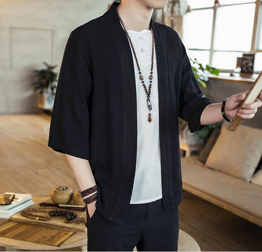 Camisa Cardigan Hanfu de Algodón y Lino - Estilo Asiático Manga 3/4 Hombre - Image 8