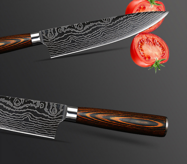 Cuchillo de Acero de 8 Pulgadas con Mango de Madera de Color y Onda Láser