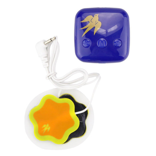Red square TENS unit with gold bird logo, white cable, and two pink flower-shaped electrode pads for pain relief. - Image 11