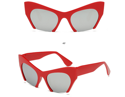 Red cat-eye sunglasses with silver mirrored lenses, featuring a bold retro frame design. - Image 10