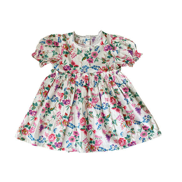 Vestido Infantil Princesa Rosa con Flores - Manga Corta