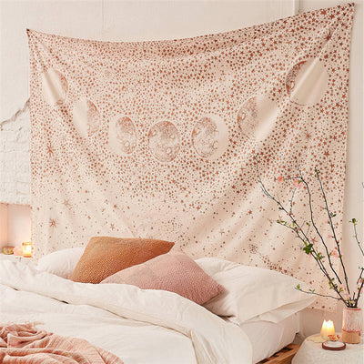 Beige tapestry with a large reddish-brown mandala pattern, hung above a bed in a bedroom. - Image 11