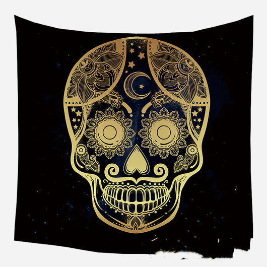 Golden crescent moon and woman silhouette tapestry with a floral crown against a dark blue starry background. - Image 9