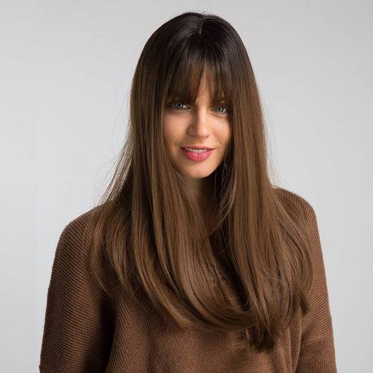 Peluca Larga Degradado Negro a Castaño - Cabello Liso Natural - Image 3