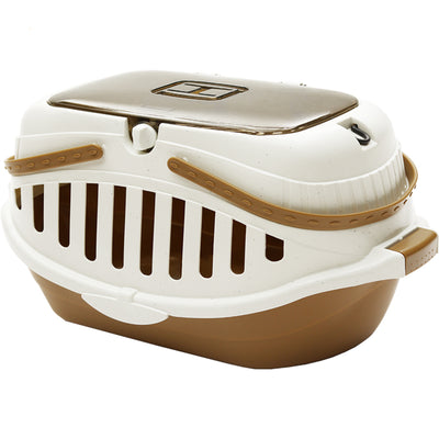 White and pink portable pet carrier with a transparent brown top, ventilation slots, and a sturdy handle. - Image 3