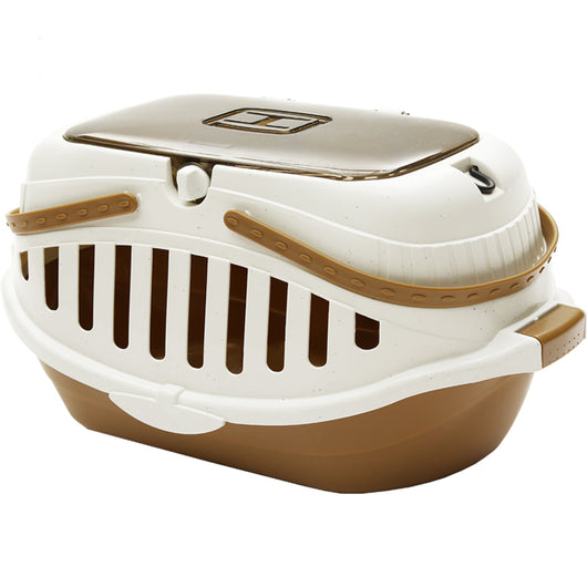 White and pink portable pet carrier with a transparent brown top, ventilation slots, and a sturdy handle. - Image 3