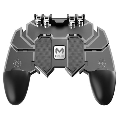 AK66 six-finger four-key gamepad attached to a smartphone displaying a video game, with ergonomic black grips.