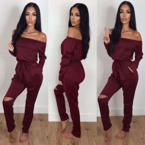 Jumpsuit de Hombro Descubierto con Detalles Rotos - Tendencia Otoño