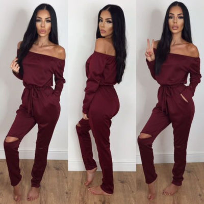 Jumpsuit de Hombro Descubierto con Detalles Rotos - Tendencia Otoño