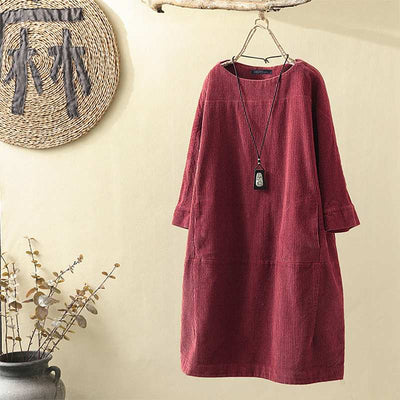 Vestido Cómodo Coreano de Color Sólido con Mangas Tres Cuartos - Image 3