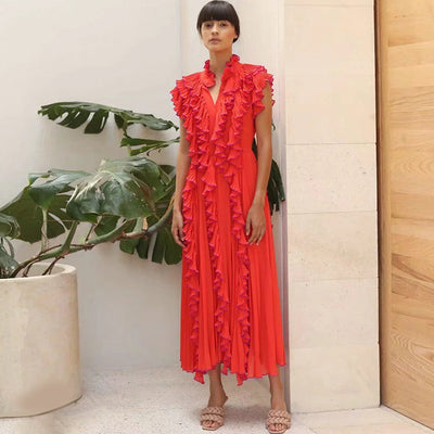 Vestido Largo Elegante con Detalles de Encaje y Volantes - Image 2