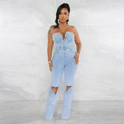 Jumpsuit Denim para Mujer con Escote V y Bolsillo Cremallera - Image 4