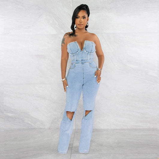 Jumpsuit Denim para Mujer con Escote V y Bolsillo Cremallera - Image 4