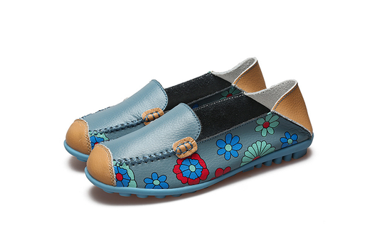 Mocasines de Cuero Genuino con Estampado Floral y Suela Flexible