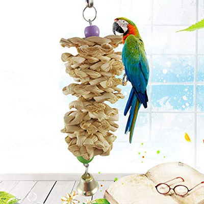 Natural grass bird toy with a woven cylindrical body, purple and green beads, a golden bell, and a metal hook. - Image 4