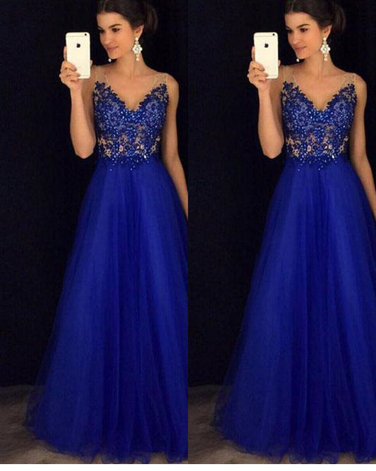 Vestido Largo Elegante Espalda Descubierta con Cuentas Azul Gasa - Image 2