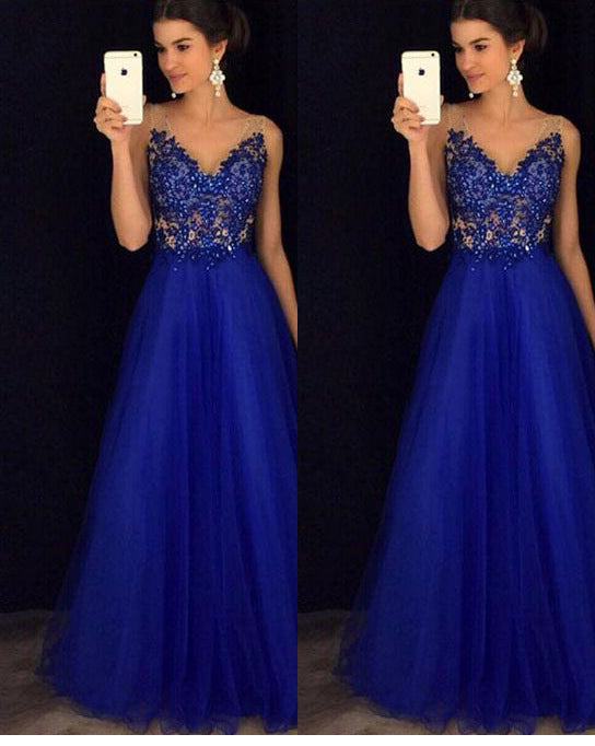 Vestido Largo Elegante Espalda Descubierta con Cuentas Azul Gasa