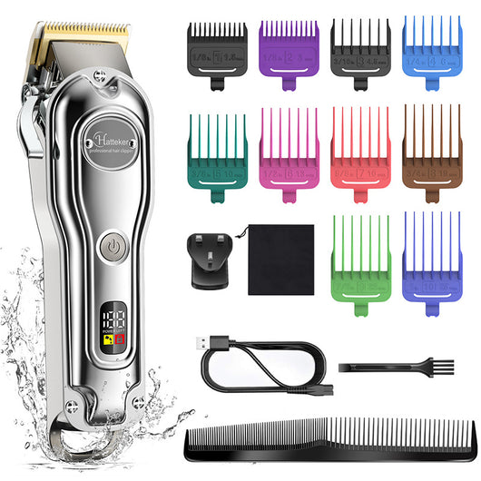 Hatteker professional electric hair clipper with gold blade, LED display, 10 colorful guide combs, USB cable, comb, and cleaning brush. - Image 9