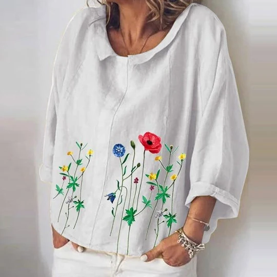 Blusa de Algodón y Lino con Bordado de Flores - Manga Larga Literaria