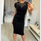 Vestido Ajustado Negro con Detalles de Malla - Cuello Redondo Manga Corta