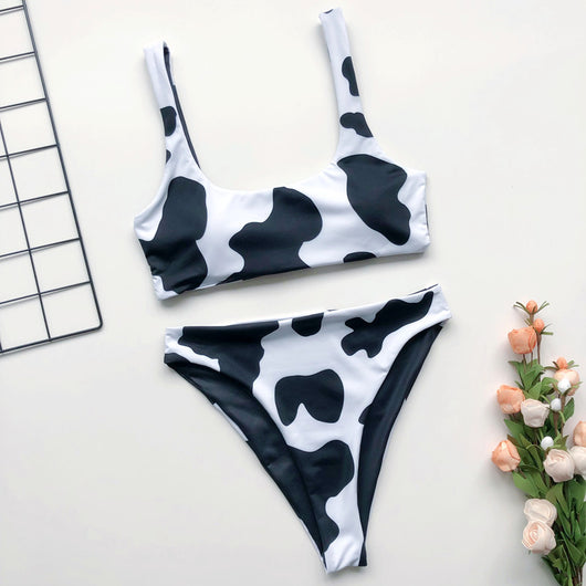 Women's black and white tie-dye two-piece swimsuit with a scoop neck bralette top and high-cut bottom. - Image 19