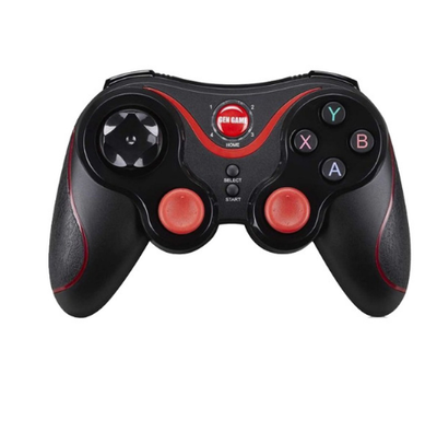 White and red wireless Bluetooth game controller with a black cellphone clip for Android mobile gaming.