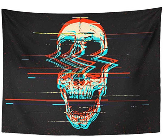Black tapestry with a red, blue, and white glitch art skull design, suitable for home wall decor.