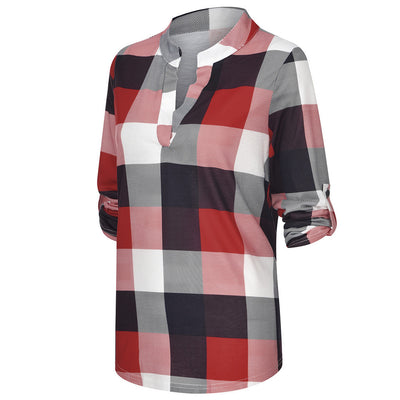 Camisa Casual de Cuadros con Escote en V y Mangas Largas - Image 24
