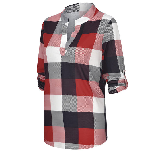 Camisa Casual de Cuadros con Escote en V y Mangas Largas - Image 24