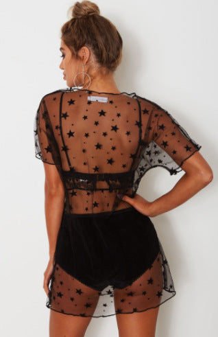 Blusa de Malla Negra con Estrellas - Manga Corta Escote Redondo para Mujer - Image 5