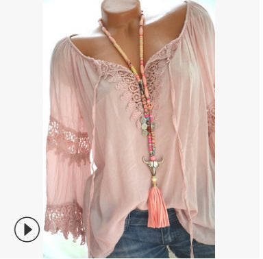 Blusa Asimétrica de Algodón y Lino con Encaje de Manga Larga - Image 12