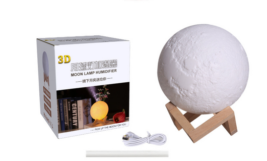 Moon-shaped night light and air humidifier on a wooden stand, emitting mist and a warm glow, with books and flowers. - Image 29