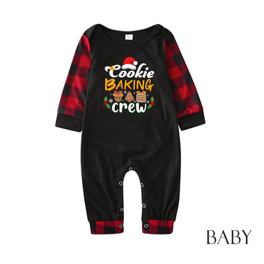 Baby black romper with red plaid sleeves and cuffs, featuring a "Cookie Baking Crew" graphic with Christmas icons. - Image 10
