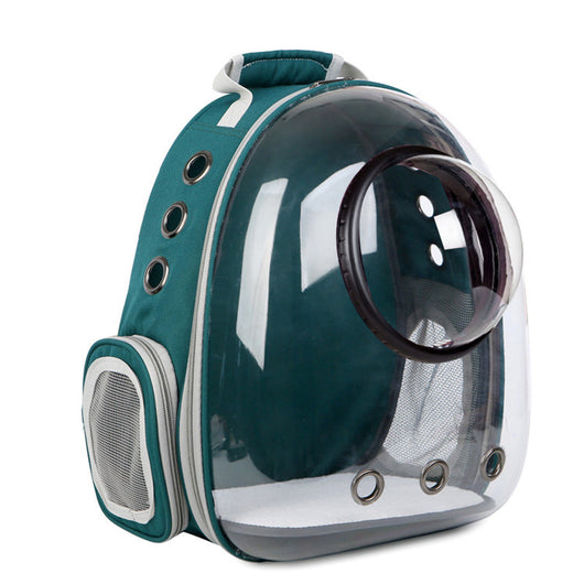 Dark grey transparent pet carrier backpack with a white cat plush toy inside, sitting on a path outdoors. - Image 9